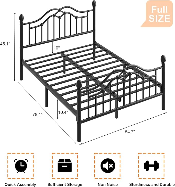 Full Metal Platform Bed Frame, Bed Frame with Victorian Headboard and Footboard, Strong Metal Slats Support, Mattress Foundation No Box Spring Needed, Easy Assembly, Noise Free, Black
