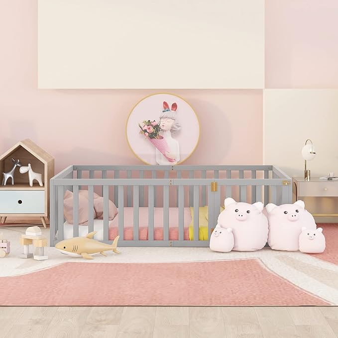 Merax Full Floor Bed with Safety Guardrails and Door, Wood Montessori Floor Bed Frame for Kids, Full Playhouse Bed Frame for Baby Girls and Boys, Grey