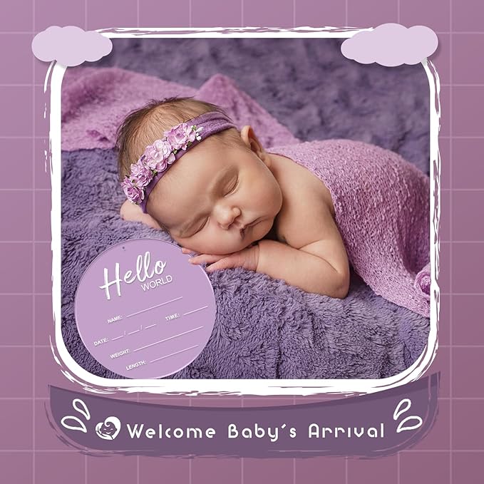 Baby Announcement Sign, 6.7 Inch Hello World Newborn Sign, Thickness Upgrade Birth Announcement Sign for Hospital, Nursery Baby Shower (Purple)