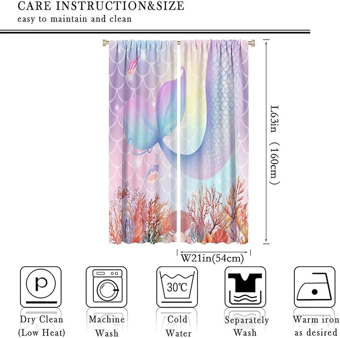 Dream Mermaid Curtains Colorful Mermaid Fish Tail Scale Fantasy Ocean Theme Beautiful Kids Window Treatment for Girls Bedroom Nursery Room Decor Rod Pocket Window Drapes 42x63in