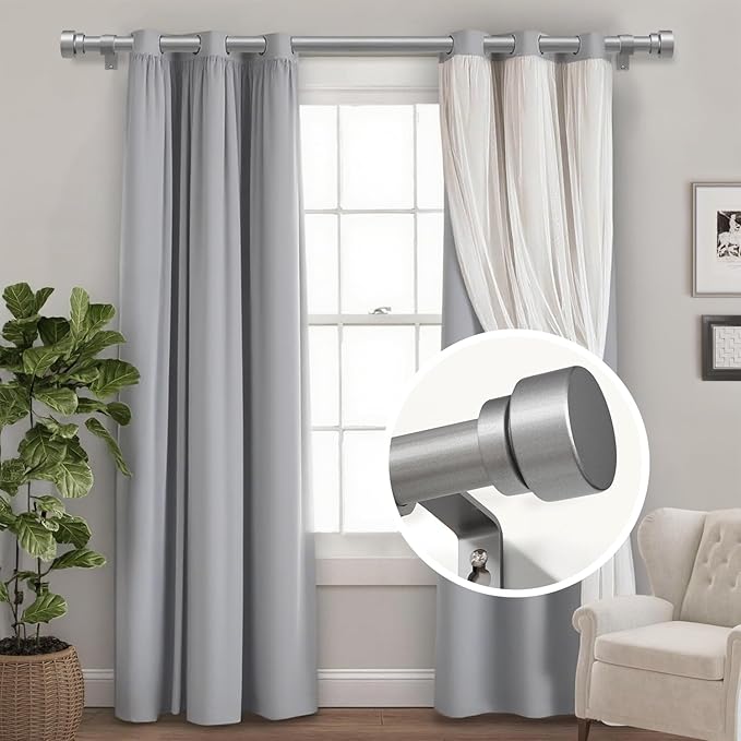 2 Pack Modern Silver Curtain Rods for Windows 66 to 120 Inches Adjustable Heavy Duty 1" Diameter Window Curtain Rod with Decorative Finials for Outdoor Bedroom Kitchen Living Room