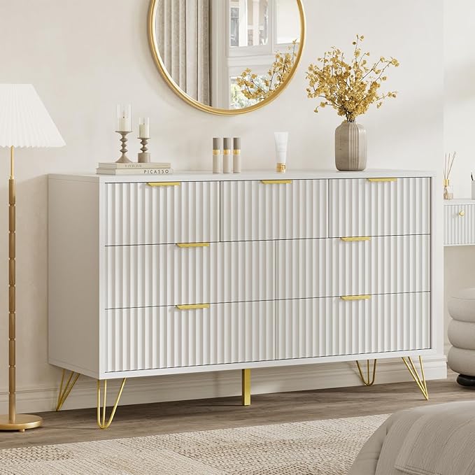 LYNSOM Fluted Dresser for Bedroom, White 7 Drawer Dresser with Gold Handles and Wide Drawers, Wood Chest of Drawers for Bedroom, Hallway