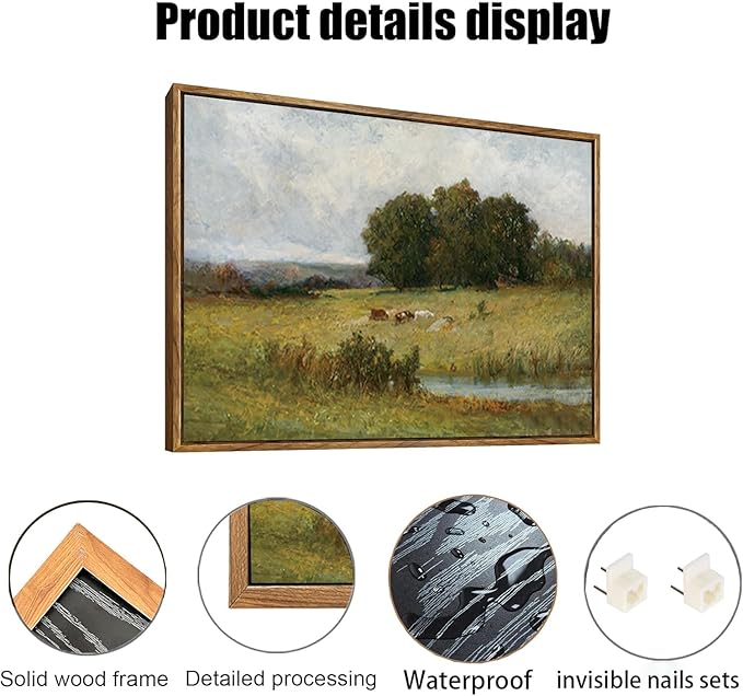 OIQArtOIQ Vintage Landscape Canvas Wall Art Framed Natural Scenery Painting Artwork Prints France Country Wilderness Farmhouse Decor Pictures Kitchen Bedroom Living Room Bathroom