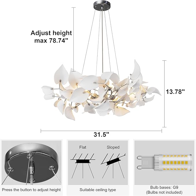 YUYI 31.5" Silver Tree Branches Chandelier, Ceramic Ginkgo Leaf Chandelier, Modern Round Chandeliers for Dining Room, Living Room Over Table, Kitchen, Foyer, Bedroom, Elegant Art Deco