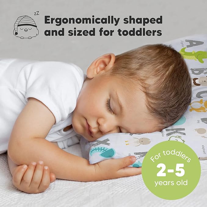 Toddler Pillow with Pillowcase - 13x18 My Little Dreamy Kids Travel Bed Pillows for Sleeping, Organic Cotton Small Pillowcase, Soft & Breathable, Machine Washable, Toddlers 2-5 Years Old (KeaABC)