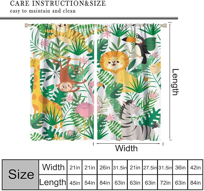 Jungle Animals Curtains Cartoon Cute Lion Giraffe Monkey Zebra Woodland Art Printed for Children Girls Boys Bedroom Nursery Rod Pocket Decoration Window Drapes 2 Panels W42xL84in