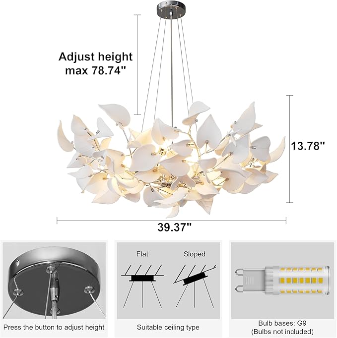 YUYI 39.4" Silver Tree Branches Chandelier, Ceramic Ginkgo Leaf Chandelier, Modern Round Chandeliers for Dining Room, Living Room Over Table, Kitchen, Foyer, Bedroom, Elegant Art Deco