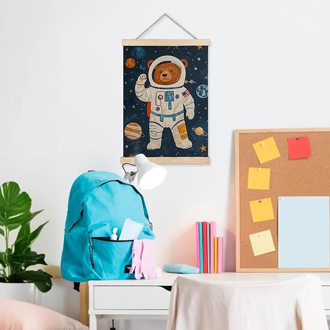 URLLUAE Astronaut Bear Space Wall Art Posters for Kids Room, Cute Outer Space Planet Poster Hanger Frame for Boys Bedroom Classroom Nursery Playroom Wall Decor, 16x24 Inch