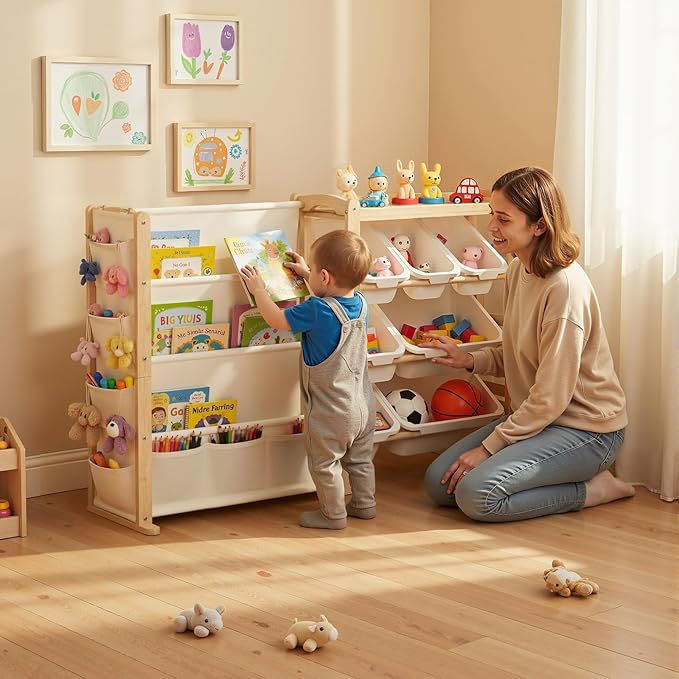 Fodoss Book Shelf for Kids Rooms - Kids Bookshelf with 7 Bins, Baby Bookcase with Solid Wood, Side Storage Pockets, Playroom Room, Large Toy Storage for Nursery, Natural Pine