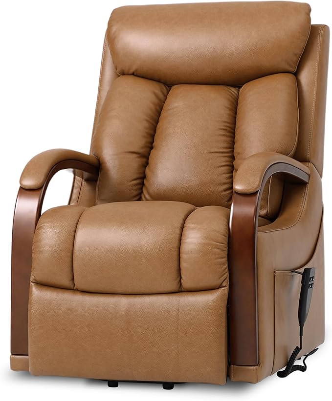 DYNOX Small Lift Chair Recliner with Heat and Massage, Dual Motor Power Lift Sofa for Elderly,Infinite Adjust for Back and Footrest,Side Pocket(9185,Genuine Leather,Camel