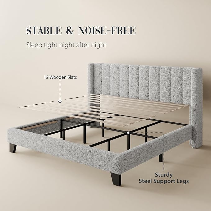King Bed Frame with Headboard Upholstered Platform Bed Frame with Teddy Velvet Headboard, Wooden Slats Support/Wing Edge Design/No Box Spring Needed/Easy Assembly, Grey King