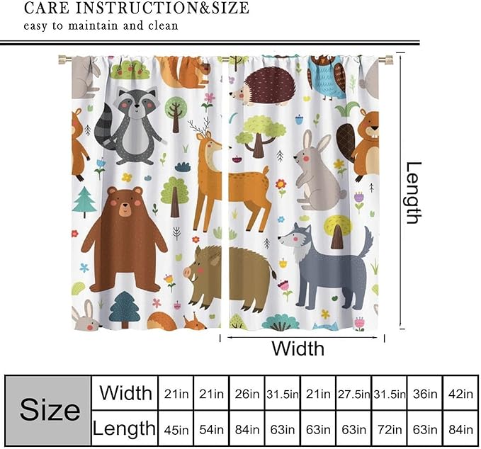 Forest Animals Kids Blackout Curtains Cartoon Cute Bear Deer Squirrel Owl Hedgehog Modern Art Print for Boys Girls Bedroom Living Room Nursery Rod Pocket Decoration Window Drapes 2 Panels W21xL63in