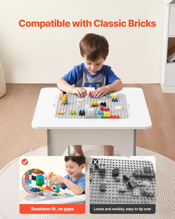 VEVOR Kid Activity Table and 2 Chairs Set, 23*23*20inch Graffiti & Building Blocks Double-Sided Tabletop, Toddler Play Table with Storage for Kids 3+ Years, Large Storage Space, Gift for Boys & Girls