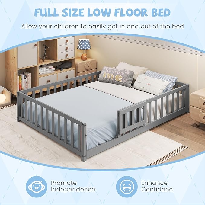 Giantex Full Size Floor Bed for Kids, Low Montessori Bed with Wood Slats & Safety Guardrails, Solid Wood Full Floor Beds with Fence and Door for Kids Boys Girls, Grey