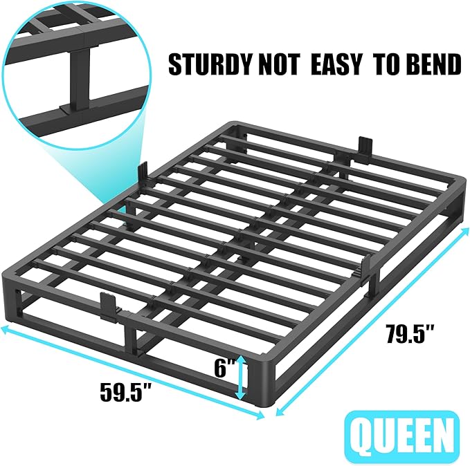 6 Inch Queen Bed Frame with Round Corner Edges, Low Profile Queen Metal Platform Bed Frame with Steel Slat Support, No Box Spring Needed/Easy Assembly/Noise Free Mattress Foundation