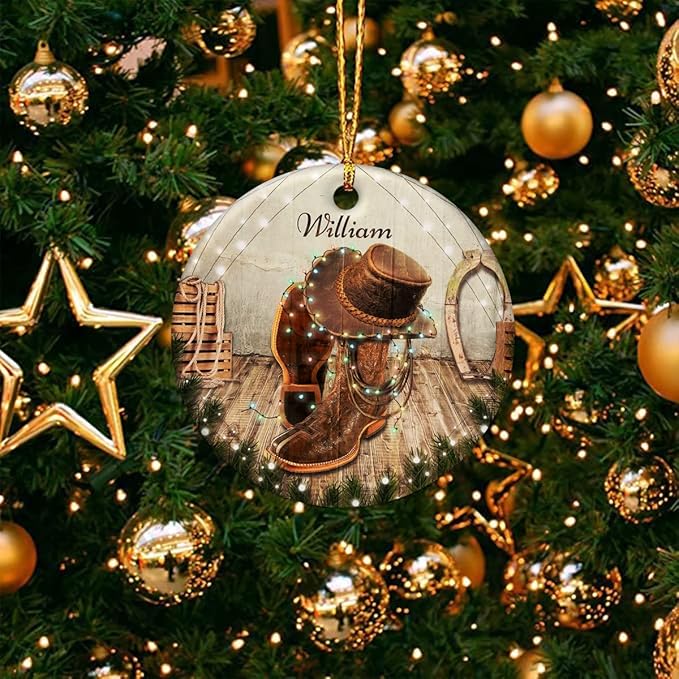 wowcugi Cowboy Ornament for Christmas Tree Custom Name Customized Western Ornaments Ceramic Cowboys Boots Ornaments Xmas Tree Decoration Keepsake Gifts for Men Boys
