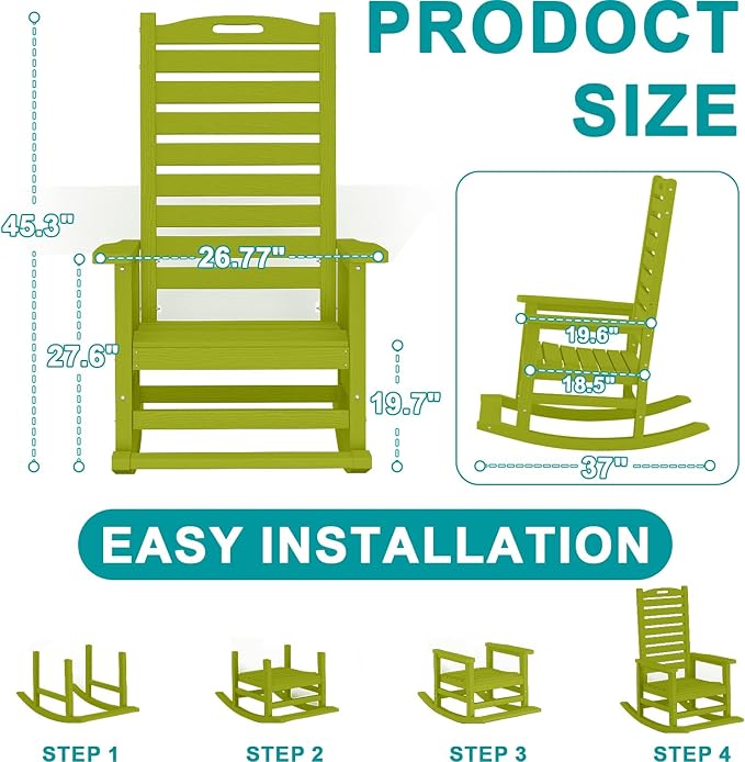 Outdoor Rocking Chair Set of 4 with Removable Footboard for Adults, HDPE High Back Patio Rocking Chairs, 330lbs All Weather Porch Rocking Chairs for Outdoor & Indoor -Pistachio Green
