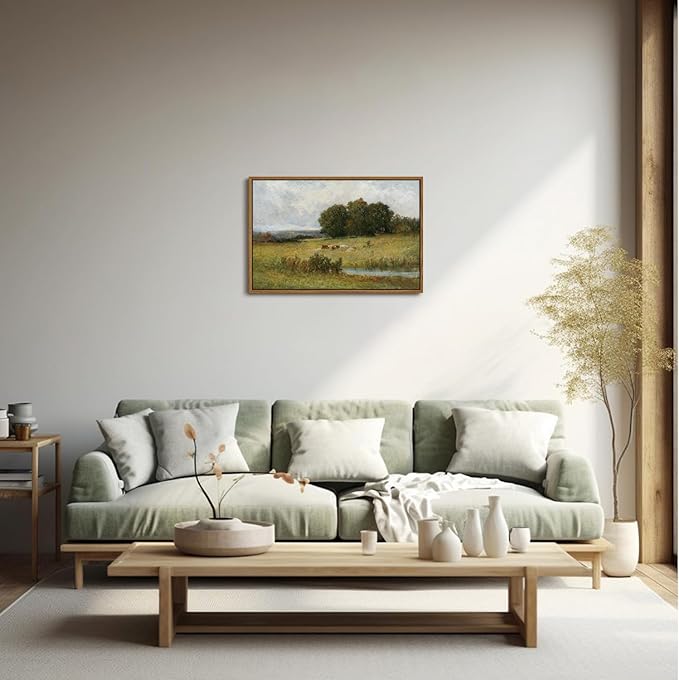 OIQArtOIQ Vintage Landscape Canvas Wall Art Framed Natural Scenery Painting Artwork Prints France Country Wilderness Farmhouse Decor Pictures Kitchen Bedroom Living Room Bathroom