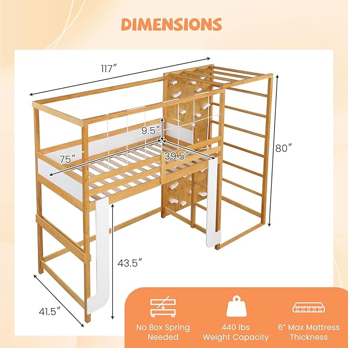 Giantex Twin Bunk Bed with Jungle Gym, 4-in-1 Wooden Loft Bed with Climbing Ladder, Rock Wall & Monkey Bar, Montessori Playhouse Bed with Full Length Guardrail & Wood Slat Support for Kids (Natural)