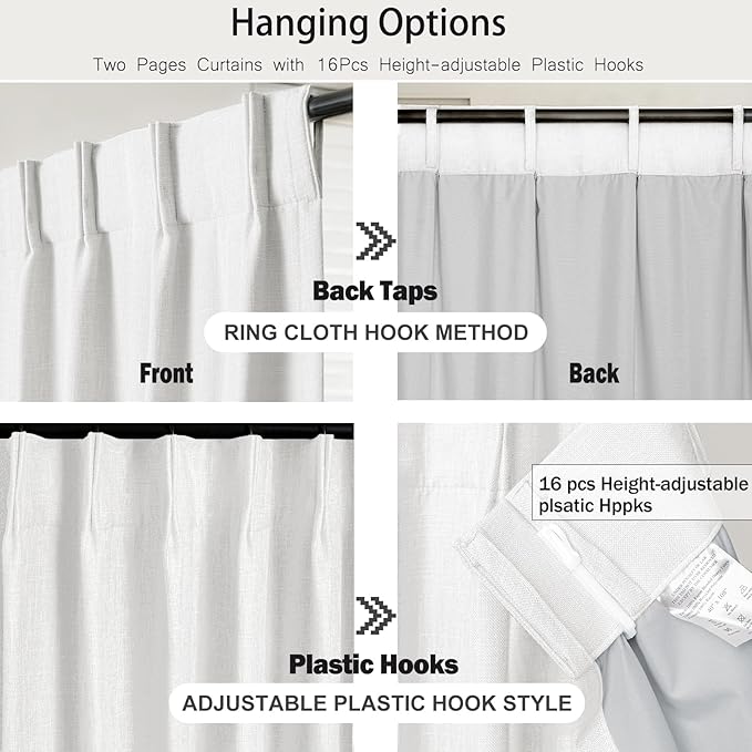 IVAPUPU Linen Pinch Pleated Blackout Curtains for Bedroom - Ivory Full Black Out Curtains 102 Inch 2 Panels Set for Living Room Darkening Thermal Window Curtain Drapes with 16pc Hooks