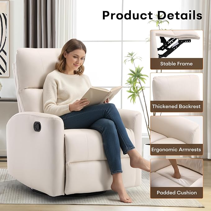 Swivel Rocker Recliner Chair, Manual Faux Leather Glider Rocking Recliners for Adults, 360° Swivel Nursery Reclining Sofa with Padded Backrest for Living Room, White