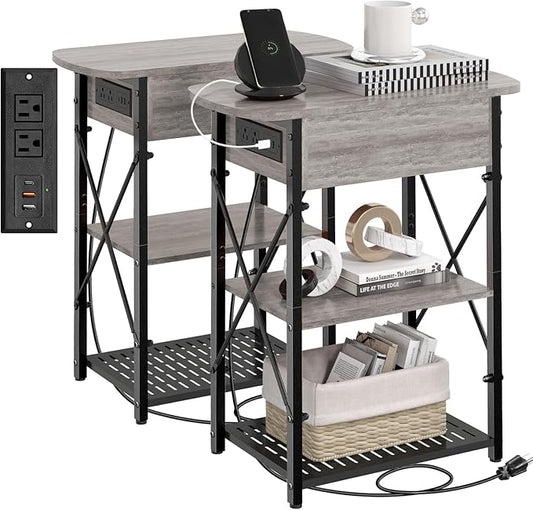Livofloral Narrow Side Table with Charging Station, End Tables Set of 2 for Small Spaces, Flip Top End Table with Storage, End Tables Living Room, Nightstand Set 2 with Drawer for Bedroom, Grey