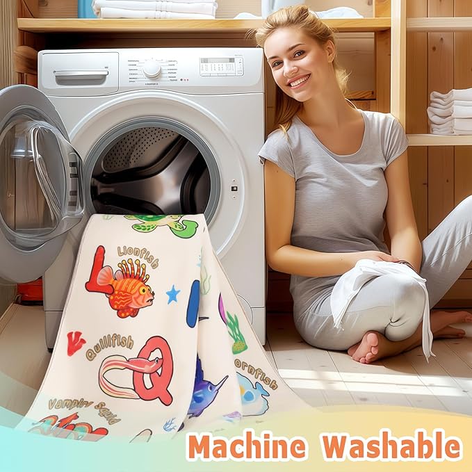Kids Rugs for Playroom, 4x5 Feet Educational Rug for Learn The ABC Alphabet, Soft Machine Washable Non-Slip Cute Marine Organisms Carpet for Classroom Toddler Nursery Kids Room Decor, Beige