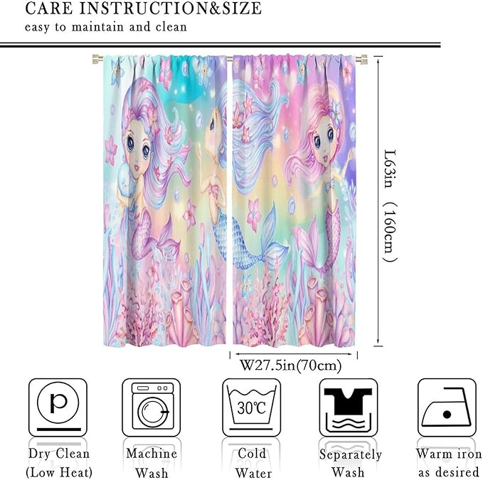 Cartoon Mermaid Kids Curtain Fantasy Ocean Theme Coral Flower Floral Window Treatment for Kids Girls Bedroom Nursery Room Decor Rod Pocket Blackout Window Drapes 55x63in