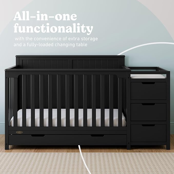 Graco Hadley 5-in-1 Convertible Crib & Changer (Black) – GREENGUARD Gold Certified, Fits Standard Crib Mattress, Converts to Toddler Bed and Full Bed, 4 Adjustable Mattress Heights