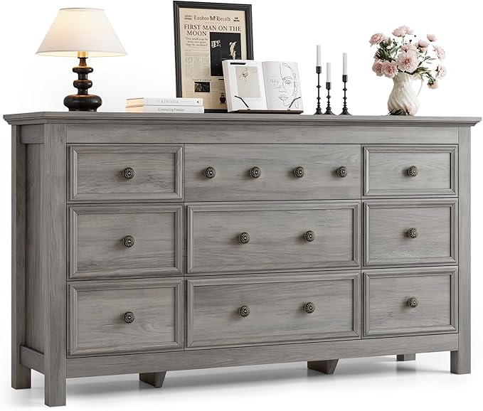 Grey 9 Drawer Dresser, 57" Large Dresser for Bedroom, TV Stand for 70 inch TV, Wood Chest of Drawers with Metal Handle, Rustic Storage Dressers Organizer for Bedroom, Hallway
