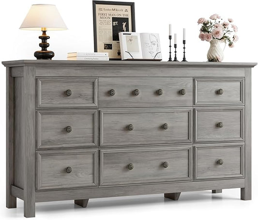 Grey 9 Drawer Dresser, 57" Large Dresser for Bedroom, TV Stand for 70 inch TV, Wood Chest of Drawers with Metal Handle, Rustic Storage Dressers Organizer for Bedroom, Hallway