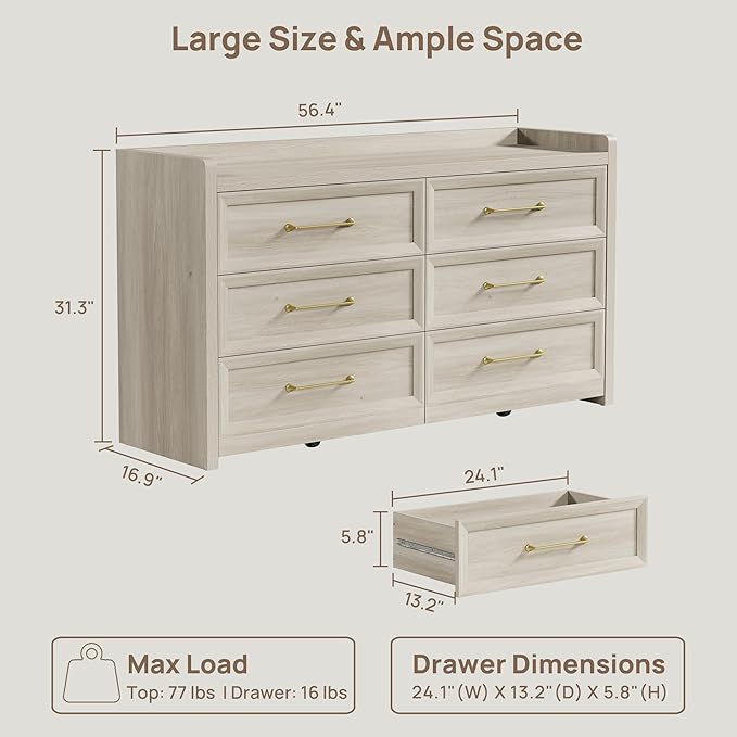 SICOTAS 6 Drawer Dresser for Bedroom-56.4" Extra-Wide Wooden Chest of Drawers with Large Storage, Long Dresser TV Stand with Drawers, Farmhouse Closet Dressers for Nursery Living Room, Grey White Oak