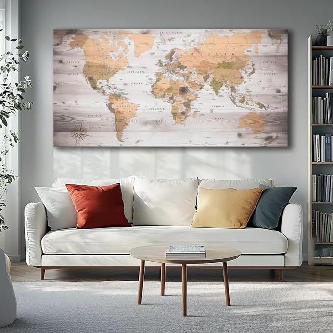 Large Wall Art grey map of The World Painting Ready to Hang 29"x58"Large Framed Wall Art World Map Canvas Map Decorations Artwork Prints