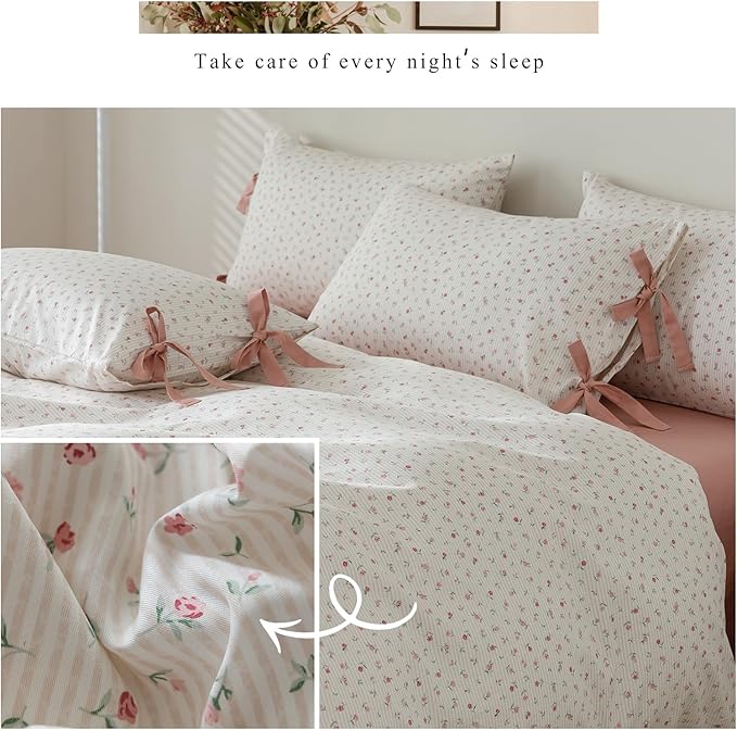 HighBuy Girl Duvet Cover Twin Botanical Flower Coquette Bedding Set Vintage Style Garden Floral Duvet Cover Twin with 2 Bowknot Bow Tie Pillowcases Boho Soft Cotton Comforter Cover with Zipper Ties