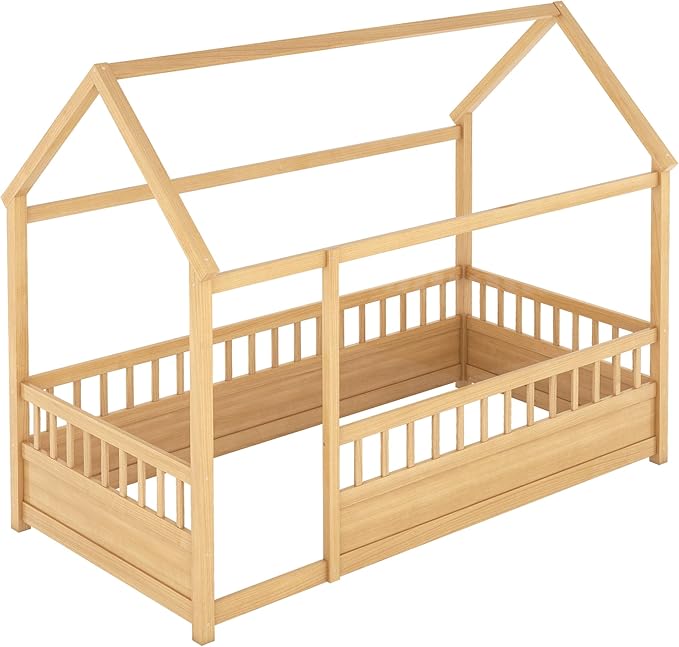 Twin Size House Bed with High Fence for Kids,Twin Floor Bed Frame, Kids Montessori Bed Twin Size,Solid Wood House Bed Frame for Boys,Girls,Natural