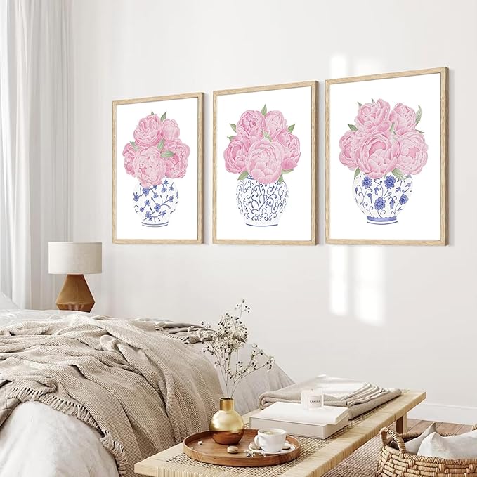CHMMART 3 Piece Pink Floral Framed Wall Art Blue and White Chinoiserie Flower Canvas Art Prints Peony Pictures Wall Decor Painting Artwork for Living Room Bedroom Bathroom 16x20in