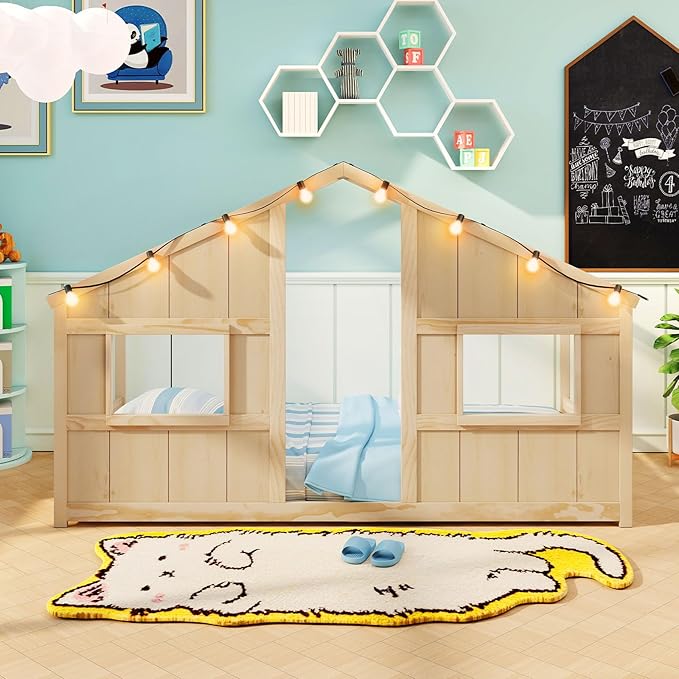 Twin Montessori Floor Bed with Roof, LED Light, Wood House Bed Frame with Headboard and 2 Windows, Low to Ground Cute Playhouse Bed for Kids, Girls, Boys, Without Slats (Natural)