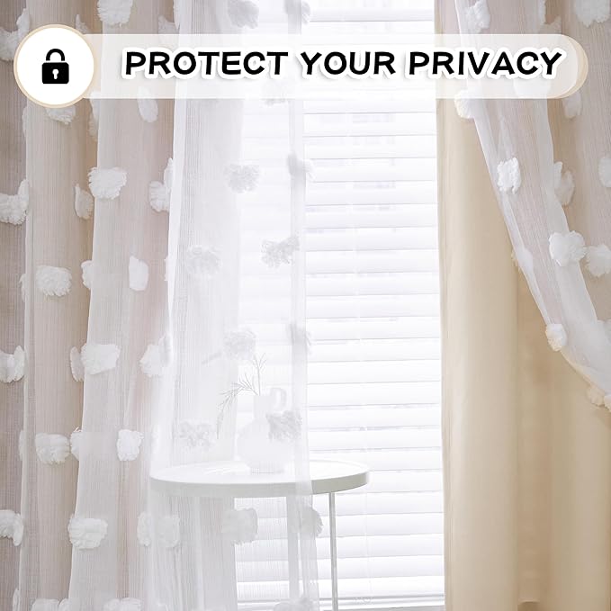 MYSKY HOME Kids Curtains for Girls Bedroom Double Layer Curtain for Daughter Room 84 Inches Long Pom Pom Sheer Drapes Beige Curtains for Living Room Grommet Room Darkening Panels W52 X L84