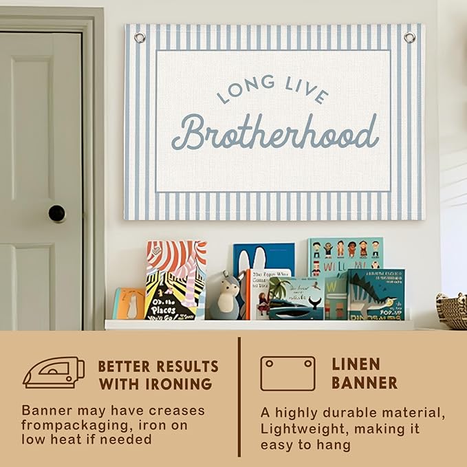 Lacama Blue Long Live Brotherhood Boys Room Decor, Boy Nursery Decor, Linen Banner Wall Hanging Canvas Banner Flag Decor for Toddler Boy Room Nursery 30x20 Inch