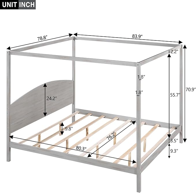 King Size Canopy Platform Bed with Headboard and Support Legs,Bedroom Wood Bed Frame W/Space Saving,No Box Spring Required,for Girl Boy Kid,Adults,Grey Wash