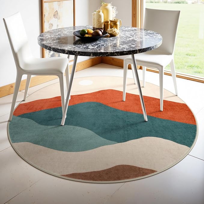 Round Rugs 4ft, Non Slip Washable Circle Rug for Bedroom Mountain Boho Round Area Rug for Living Room, Modern Soft Accent Carpet for Entryway Dining Room(Colorful)