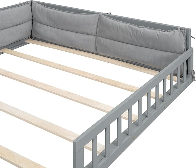 Full Size Upholstered Floor Bed with Guardrail, Montessori Platform Bed Frame for Kids and Toddlers, Wood Slat Support, No Box Spring Needed (Grey+ Solid Wood + MDF + Al)