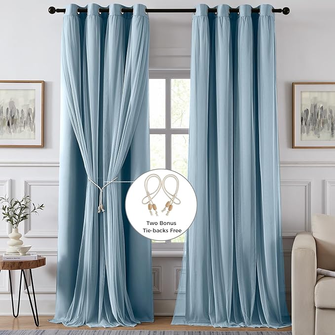 100% Blackout Curtains for Bedroom, Double Layer Blue Curtains, Black Out Curtain 108 inch Long with Sheer Overlay for Living Room, Room Darkening Window Drapes with Grommet, 52" W x 108" L