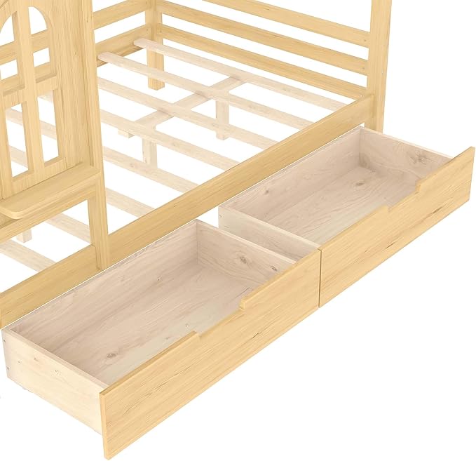 MERITLINE Full Size House Bed with Storage Drawers & Window, Solid Wood Platform Bed Frame with Shelves, No Spring Box Needed, Childlike Design for Kids, Girls, Boys, Natural