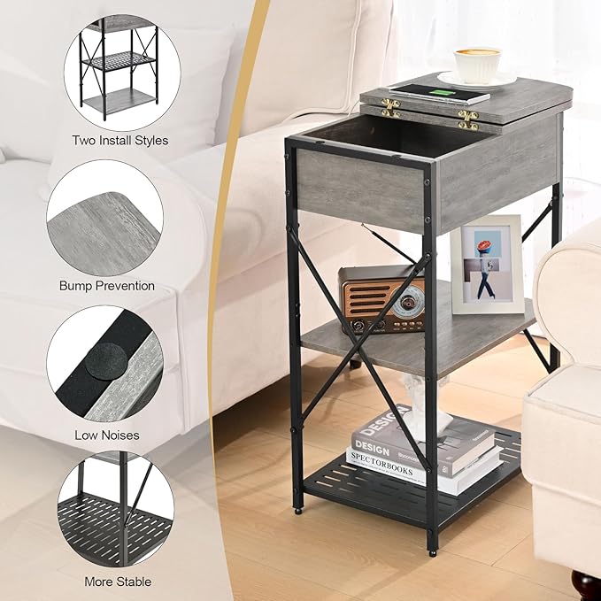 Livofloral Narrow End Table with Charging Station, Grey Side Table with 3 USB Ports and 2 AC Outlets, Flip Top End Table with Storage, Bedside Table with Drawer, Side Tables Living Room, Bedroom