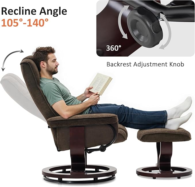 MCombo Manual Swivel Recliner with Ottoman, Chair Ottoman Set for RV Small Spaces, Living Room, Bedroom, Office 9019 4919 (Textile, Dark Brown)