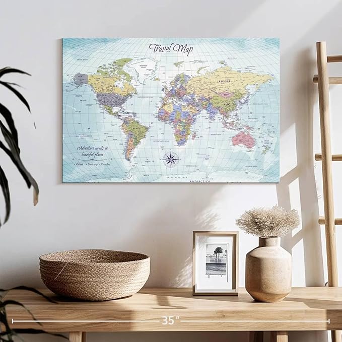 ElephantStock - Push Pin Travel Map World I Wall Art - Horizontal Canvas Wall Art - Living Room Wall Decor - Printmaking Map Canvas Art - Blue And Beige Decor - 24" x 16"