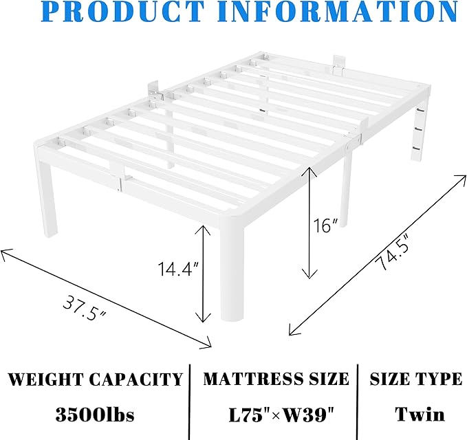 16 Inch Twin Bed Frames, White Twin Metal Bed Frame with Anti-Slip Baffles, No Box Spring Needed, Heavy Duty Steel Platform Supprt, Rounded Corner Legs, Noiseless, Reserved Holes, Storage Space