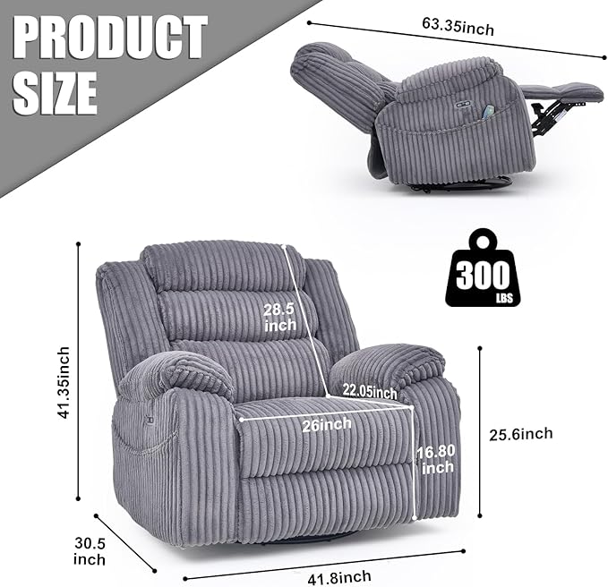 Power Swivel Rocker Recliner Chair for Adults with Massgae and Heat, USB and Type-C Charging Port, Infinite Position, Electric Glider Rocking Chairs for Living Room, Nursery, Grey