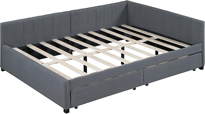 Harper & Bright Designs Full Size Upholstered Daybed with 2 Storage Drawers Sofa Bed Frame for Boys Girls Kids Adults Toddler No Box Spring Needed, Linen Fabric (Gray)